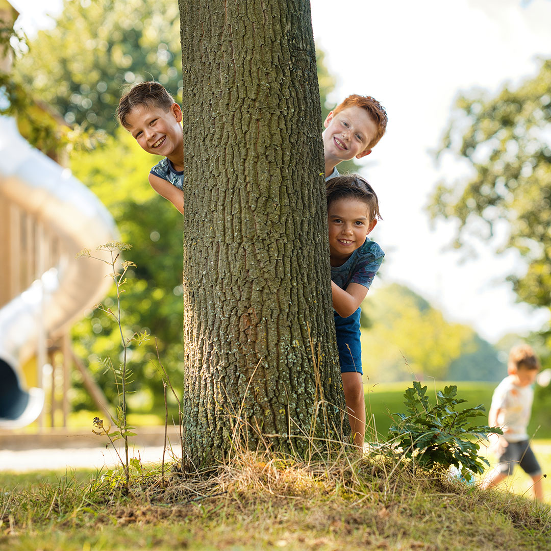 Drie jongens spelen samen verstoppertje achter een boom bij Kids Lodge